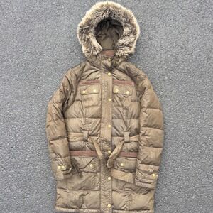 Barbour International Down Quilted Parka Brown Faux Fur Hood Belted Coat Women 6
